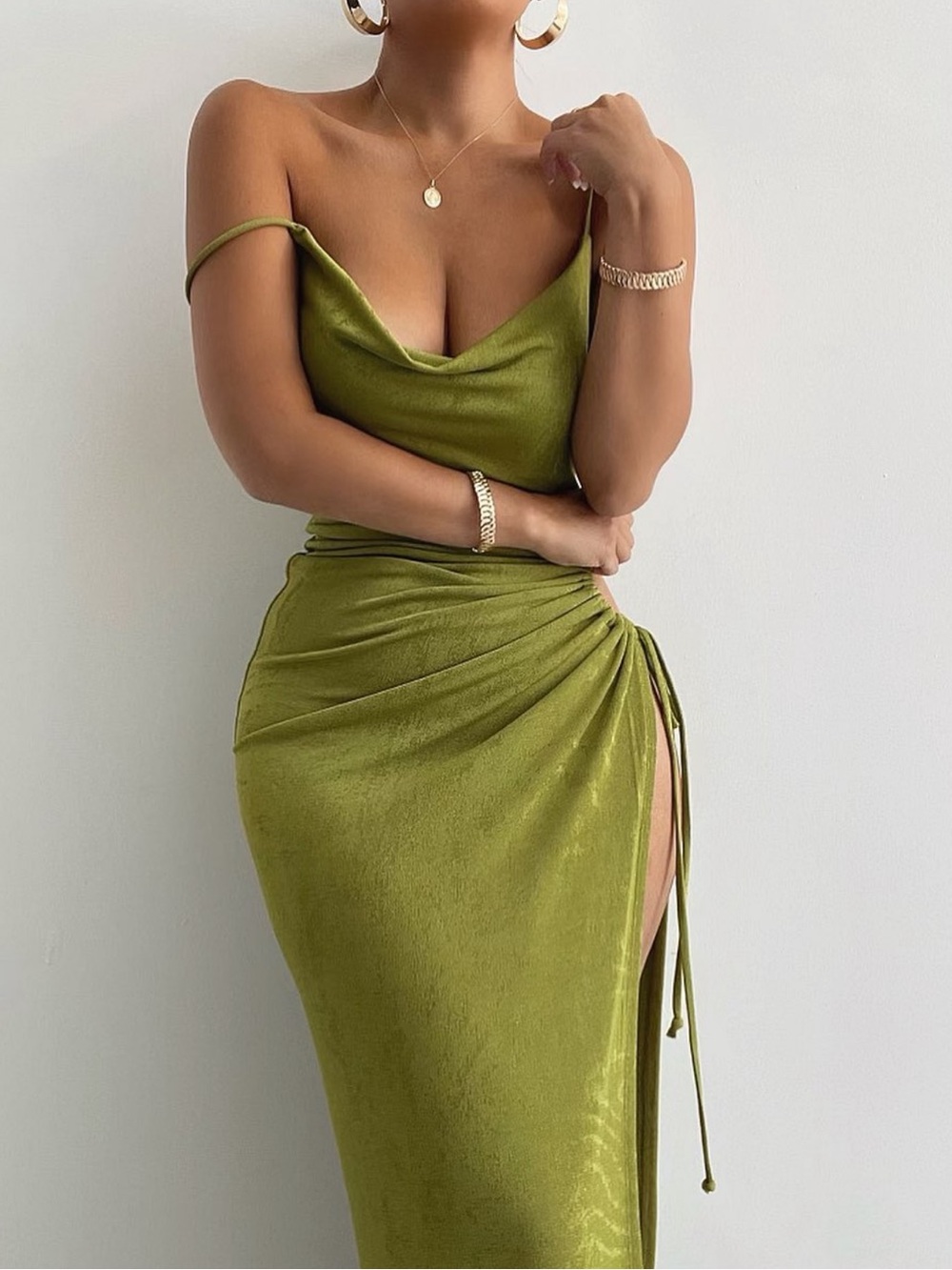 JLUXLABEL Olive Ruched Maxi Dress with Side Slit - Picture 3 of 3